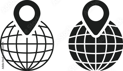 Globe icon with location symbol set. geo location symbols. Global Location, GPS Navigation and World Map icons collection. Worldwide map