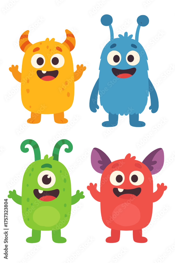 Obraz premium A set of adorable, friendly monster baby characters—colorful aliens with humorous faces in a cartoon vector illustration