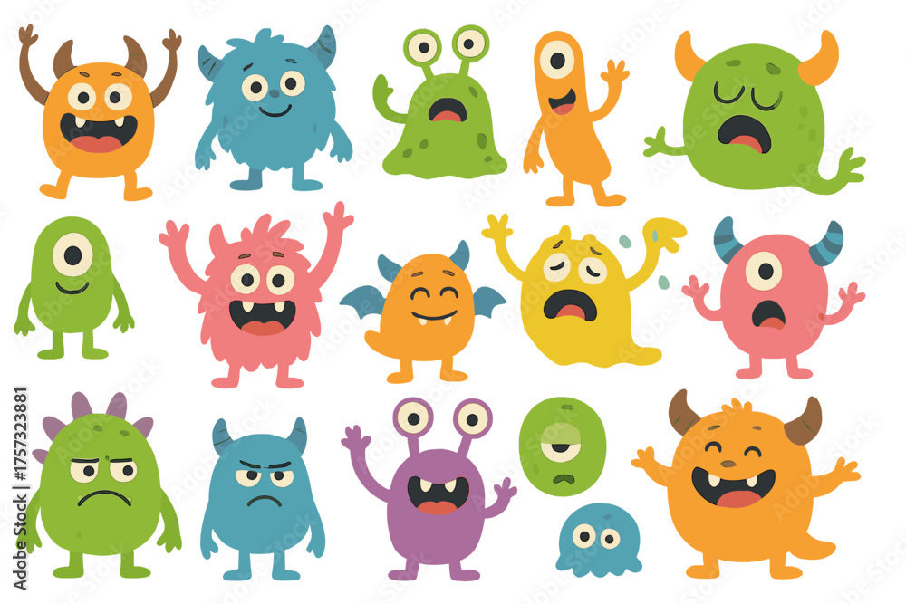 Naklejka premium Background featuring cartoon monsters, a cute monster expressing various emotions, a banner for a children's festival or party, little unattractive childlike companions, and elegant vector characters