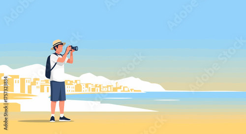 Tourist Taking Pictures On Coastal Village During Vacation