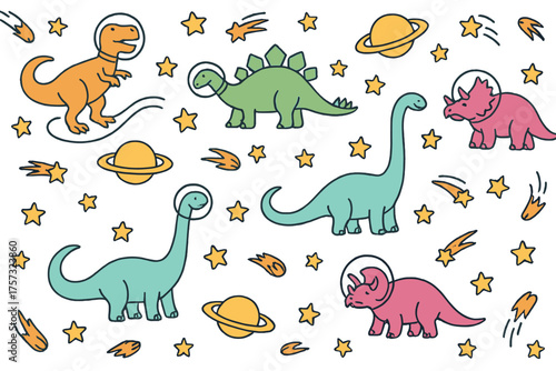Seamless line‑art dinosaur pattern set in space, featuring colorful vector dinosaurs that repeat