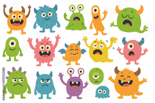 Background featuring cartoon monsters, a cute monster expressing various emotions, a banner for a children's festival or party, little unattractive childlike companions, and elegant vector characters