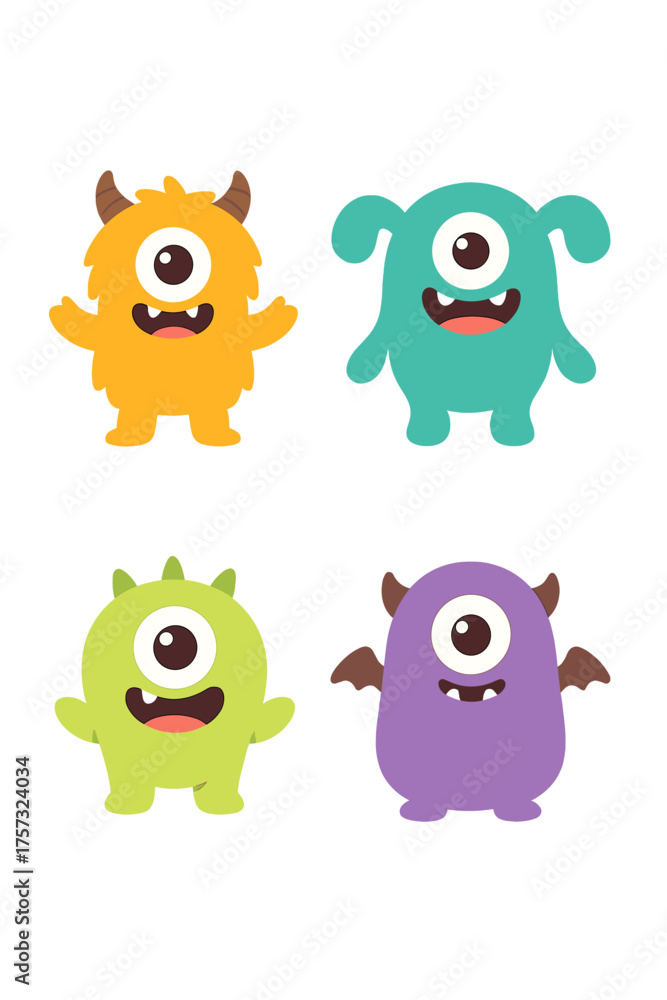 Obraz premium Adorable cartoon baby monsters rendered as vectors, isolated on a transparent background, featuring a collection of monster babies, aliens, or beasts with a cyclops face illustration