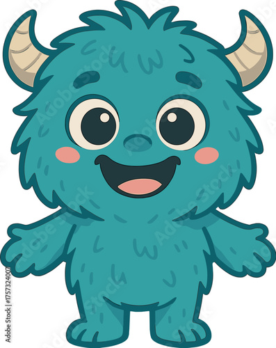 A cute blue monster with horns, fluffy hair, and big eyes, smiling while standing alone on a transparent background