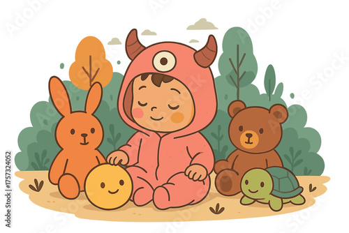 A snug baby wearing a pink monster hoodie, surrounded by vibrant plush toys in a tranquil outdoor scene