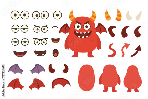 A cartoon monster creation kit that lets you build a funny evil character with body parts such as eyes, wings, tails, horns, facial expressions, and figure shapes to create unique and playful