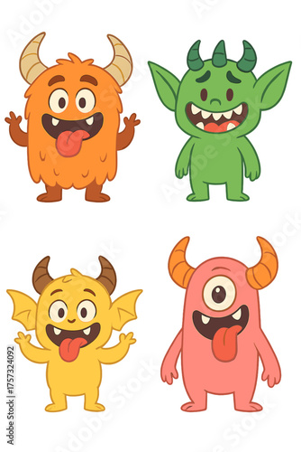 Cartoonish, humorous monster figures, adorable comic Halloween characters, solitary vectorized devils, goblins, unattractive aliens, kawaii smiling beings, and mutants sporting horns, wings, fangs