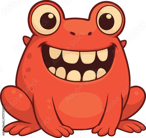 A 3D digital illustration features a charming, small cartoon red monster perched on a white background, depicting a smiling frog mutant alien creature with a humorous monster boasting large teeth