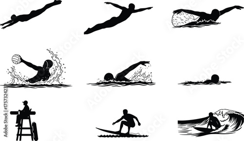 Swimming silhouettes, butterfly stroke, freestyle swimming, breaststroke technique, diving action, water polo player, lifeguard chair, surfing wave, surfboard rider, aquatic sports, competitive