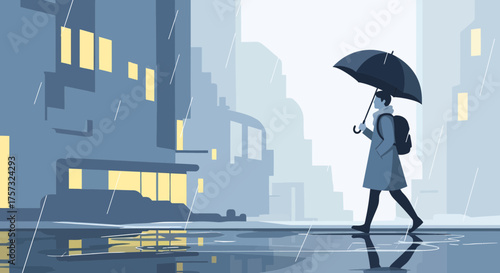 Urban Walker With Umbrella In Rainy Cityscape Illustration