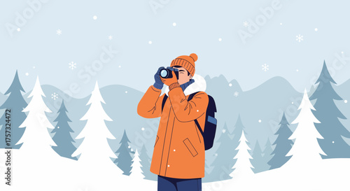 Winter Photographer Capturing Snowy Landscape On A Cold Day