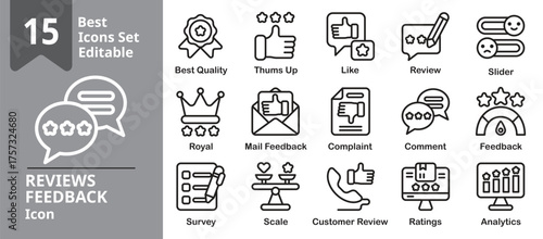 Reviews Feedback icons set. Contains testimonials, satisfaction meters, surveys, and customer opinions. Editable outline vector illustration.