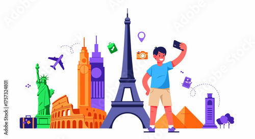 World Tour With Landmarks Taking Selfie For Travel Destination