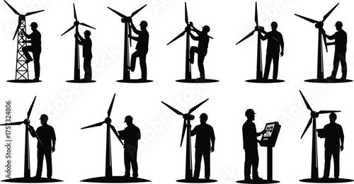 Wind turbine worker silhouette set, renewable energy maintenance, inspection and monitoring, green power technology, sustainable electricity, wind farm professional illustration