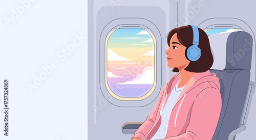 Young Woman Enjoying Music And Sky View On Airplane Flight