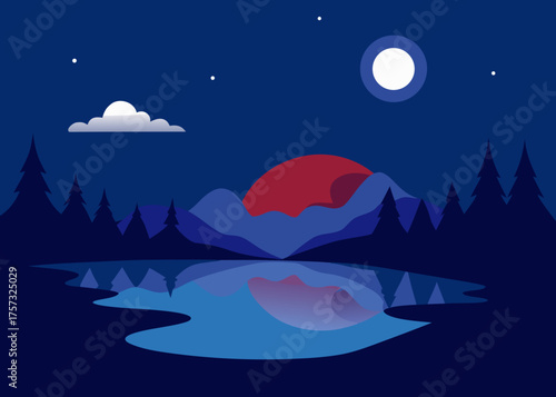 moonlit lake with reflections gouache background illustration