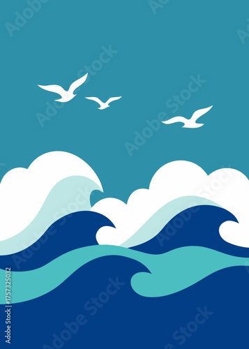 ocean waves with seagulls gouache painting background