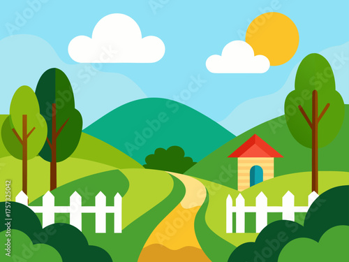 peaceful countryside garden gouache background illustration