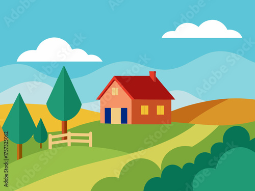 peaceful countryside house gouache painting background
