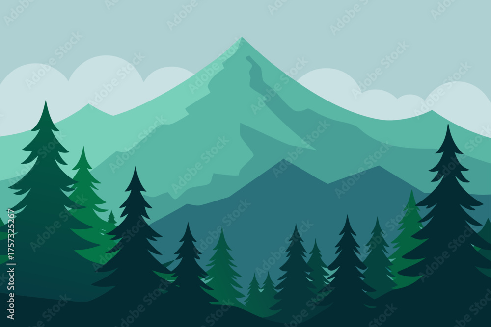 Fototapeta premium oil painting pine trees misty mountains background illustration