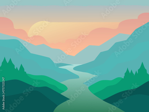 oil painting misty valley dawn sunrise background