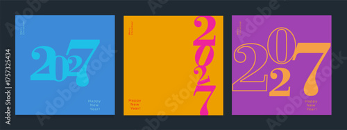 Set Numbers 2027 Year. Happy New Year 2027 and Merry Christmas. Background Figure in the Red, Pink, Orange Color. Abstract Vector Illustration or Advertising, Social Media, Poster, Banner, Cover.