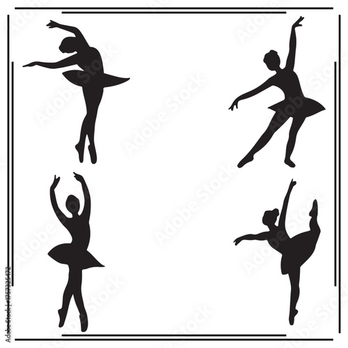 Black Silhouettes of Ballet Dancers in Graceful Poses - Elegant Dance Illustration, Artistic Dance Movement Art
