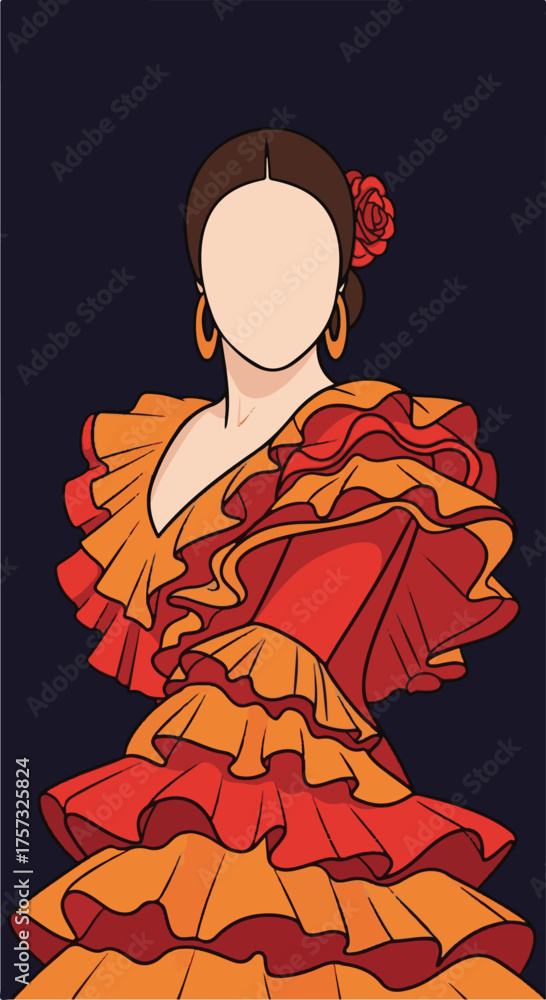 Fototapeta premium Vector Illustration of Flamenco Dancer in Ruffled Dress with Floral Accessory in Bright Colors Artistic Style