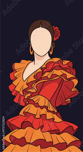 Vector Illustration of Flamenco Dancer in Ruffled Dress with Floral Accessory in Bright Colors Artistic Style