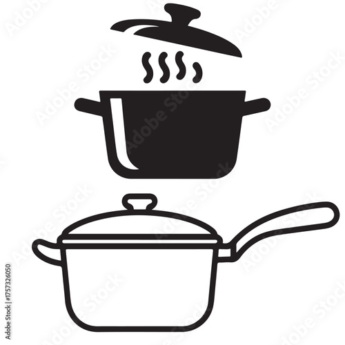 Simple outline drawing of a cooking pot with a lid and handle Steaming pot icon with open lid