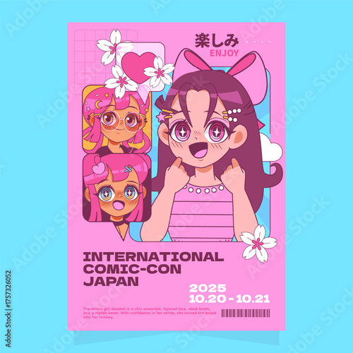Bold vertical anime girl poster with expressive eyes and motifs
