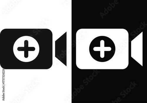 add Video camera icon set. Upload video icons collection. Video camera icons with plus sign. Add new video content