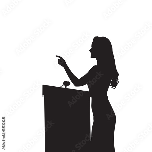 Silhouette of a confident woman speaking at a podium with microphones ready for her speech event