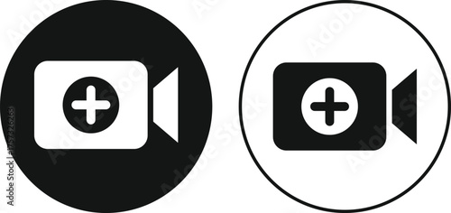 add Video camera icon set. Upload video icons collection. Video camera icons with plus sign. Add new video content
