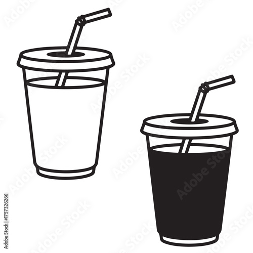 Two black silhouette cups with straws Two stylized drinks with straws one light one dark