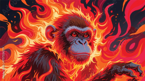 Monkey With Fire Vector Illustrator Artwork Banner Background Design Template 