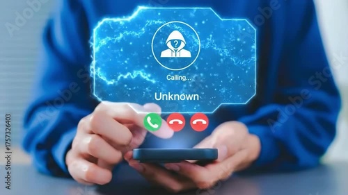Cyber Security Risk: A smartphone displays an incoming call from an unknown source. Representing concept of privacy concerns and potential fraud. 