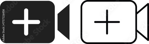 add Video camera icon set. Upload video icons collection. Video camera icons with plus sign. Add new video content