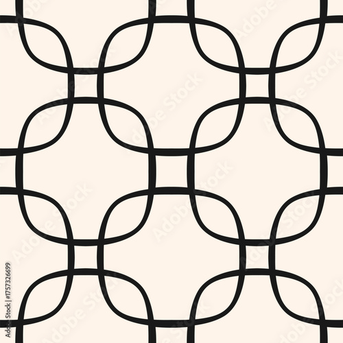 Minimal vector abstract geometric seamless pattern in oriental style. Simple black and white minimal ornament with curved lines, grid, net, lattice. Monochrome repeated background for print, textile