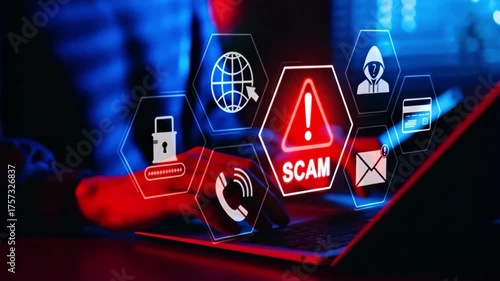 Digital Scam Alert: A person uses a laptop highlighting the digital threats. The scene is an alert and warnings about online fraud, computer security, and data breaches.