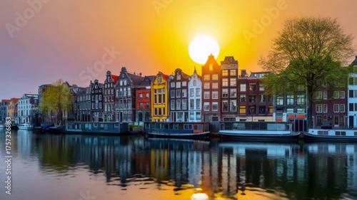 Sunset Over Amsterdam Canal and Houses