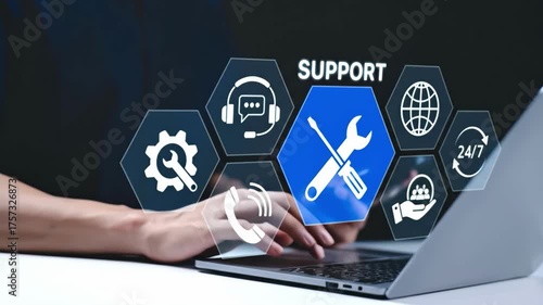 Digital Support and Assistance: A user interacts with a digital interface, illustrating a comprehensive array of support services and tools.
