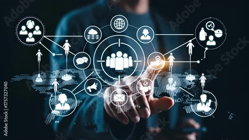 Data Interaction: A futuristic business professional interacts with a complex digital interface representing global networks, emphasizing seamless communication and interconnected systems.