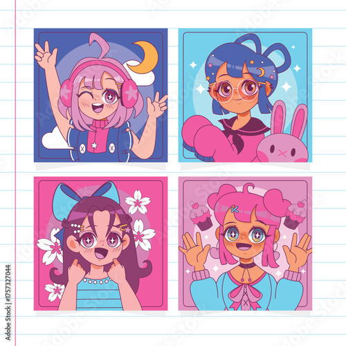 Four anime girls in pastel square portraits grid in cartoon style
