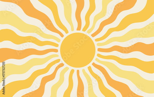 Sun groovy background, summer retro radial burst, yellow graphic wavy. Sun burst sunshine. Abstract trendy sunshine poster. Cartoon light beam print. vector illustration