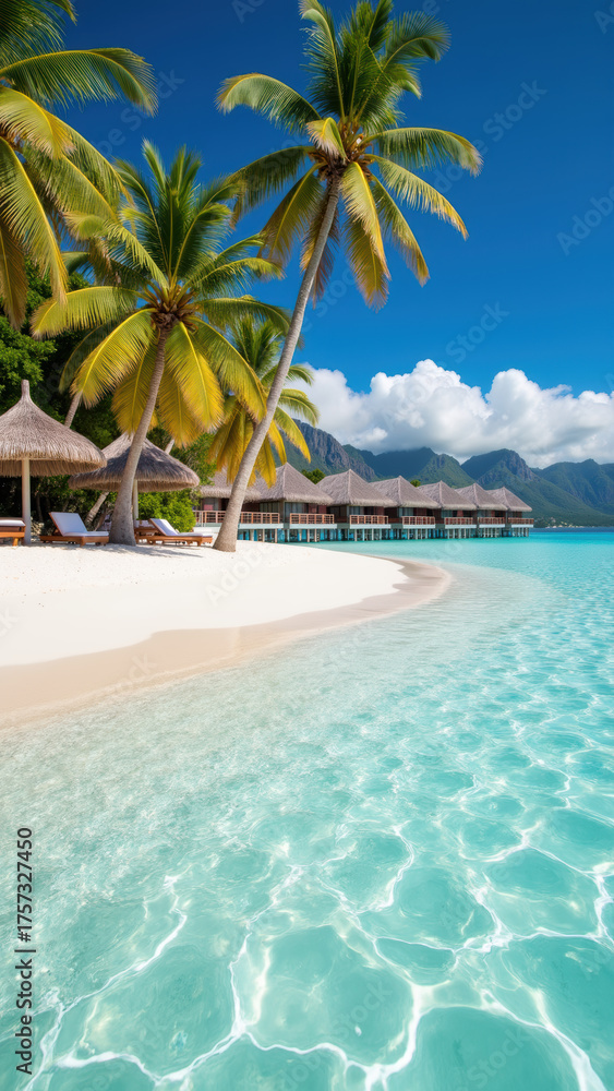 Naklejka premium Tropical beach scene featuring palm trees, clear turquoise water, and serene atmosphere. sandy shore invites relaxation and tranquility