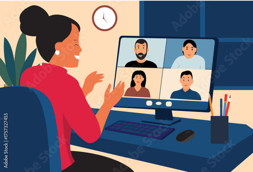 employee teleworking from home office online videocall with coworkers discussing company project