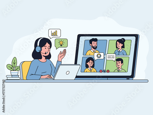 employee teleworking from home office online videocall with coworkers discussing company project