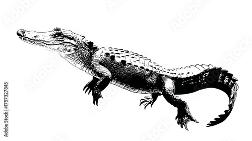 A monochrome illustration of a crocodile in profile, showing its scaled body and powerful limbs