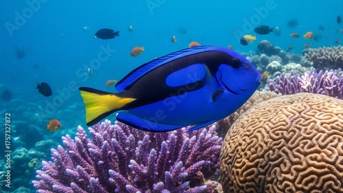 Tablou pe pânză AI Generated 4K Image of Blue Tang Fish Swimming Over Coral Reef
